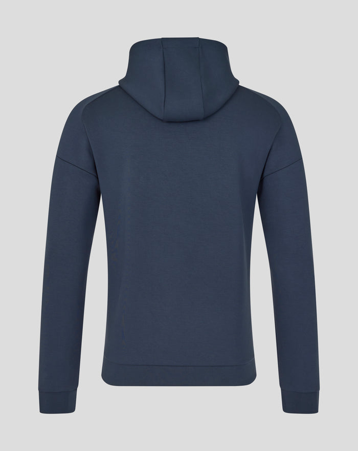Back view of navy England Rugby Travel Overhead Hoodie O2 Inkwell with hood up