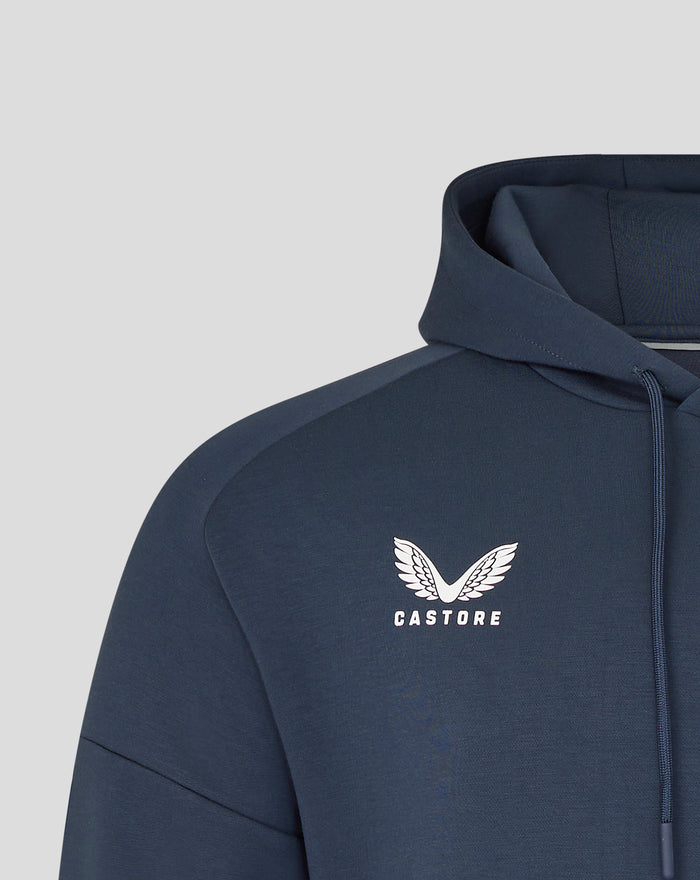 Close-up of navy England Rugby Travel Overhead Hoodie with teal interior around the hood