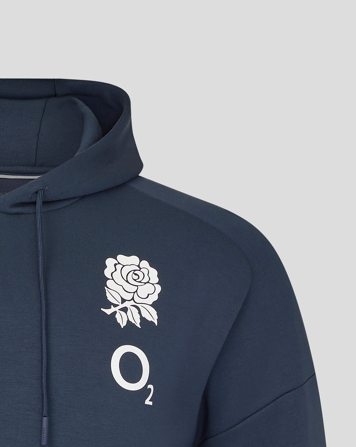 England Rugby Travel Overhead Hoodie O2 Inkwell with a large white rose graphic and O2 branding on the chest