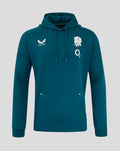 England Rugby Travel Overhead Hoodie in Reflecting Pond teal with crest and O2 logo worn by a model