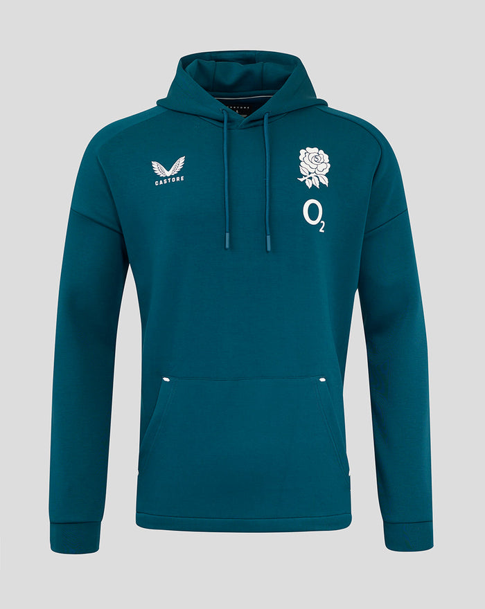 England Rugby Travel Overhead Hoodie in Reflecting Pond teal with crest and O2 logo worn by a model