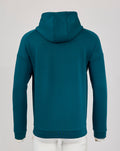 Back view of teal England Rugby travel overhead hoodie with hood up and ribbed hem.