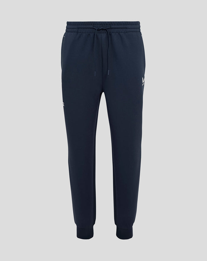 Navy Travel Knit Pant with external drawcords and ribbed cuffs