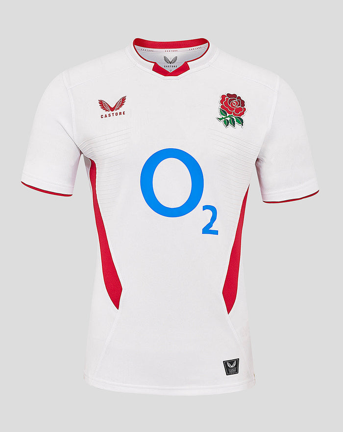 White England Rugby Home Pro short sleeve shirt with rose crest on left chest and bold O2 logo centered