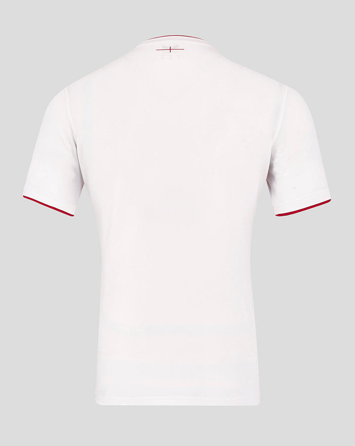 Rear view of white England rugby home pro short sleeve shirt with subtle red trim at the neckline.