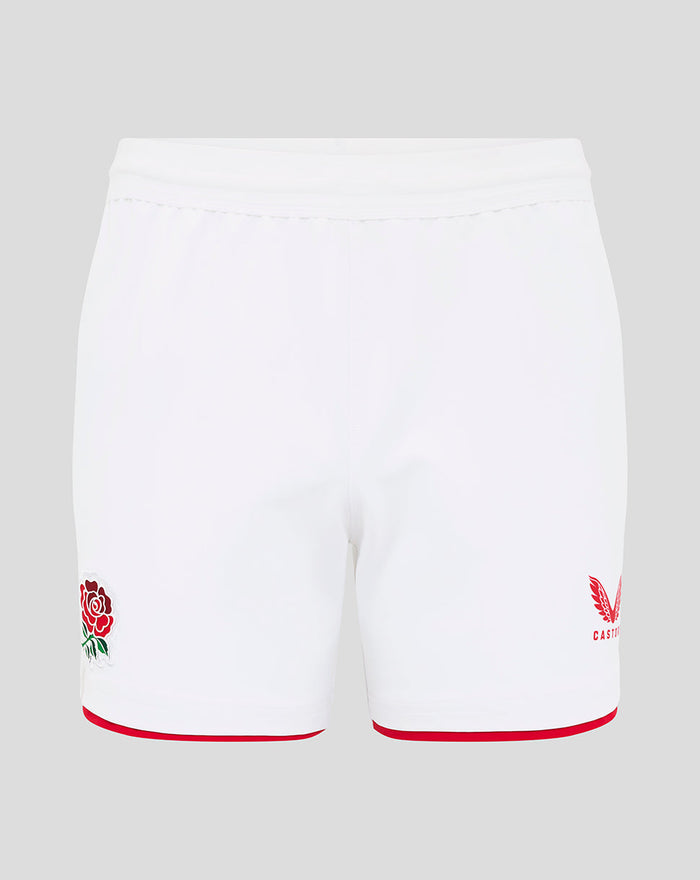 White England Rugby home pro shorts with rose crest left leg and Castore crest right leg red trim at the hems