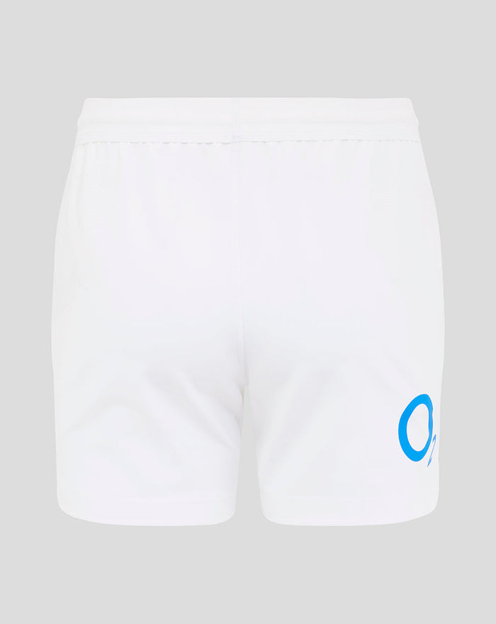 Back view of white England Rugby Home Pro Shorts with O2 logo on the back right thigh