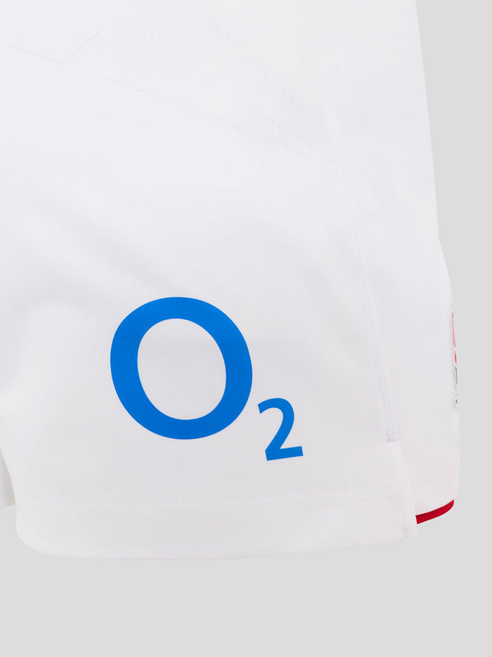 Brilliant white England Rugby Home Pro Shorts with a bold blue O2 logo on the leg
