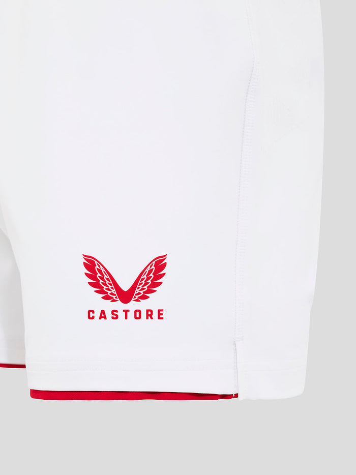 Close up of left thigh on white England Rugby Home Pro Shorts with Castore crest