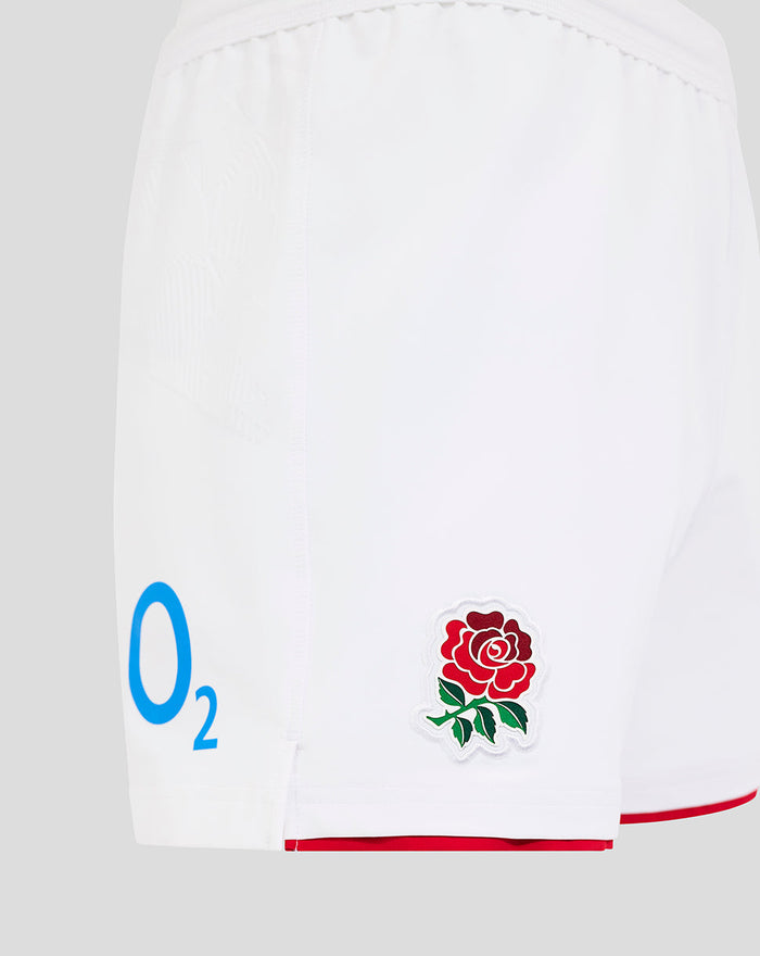 Side view of white England Rugby Home Pro Shorts showing Rose crest on the right thigh