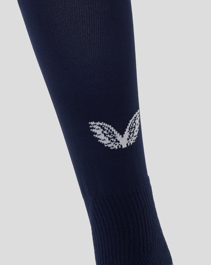 England Rugby home sock in navy worn on leg with white back wing logo and light grey ankle details