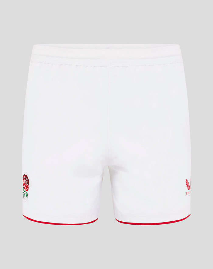 White England Rugby home shorts with red piping along the hem and rose crest on left leg