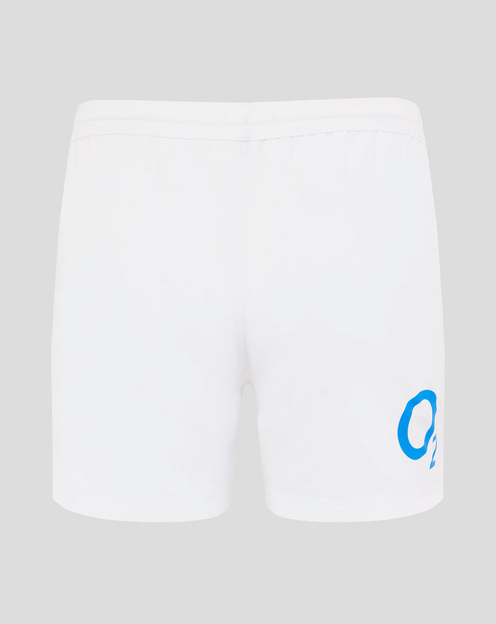 Back view of white England Rugby shorts with blue O2 logo on the back right leg