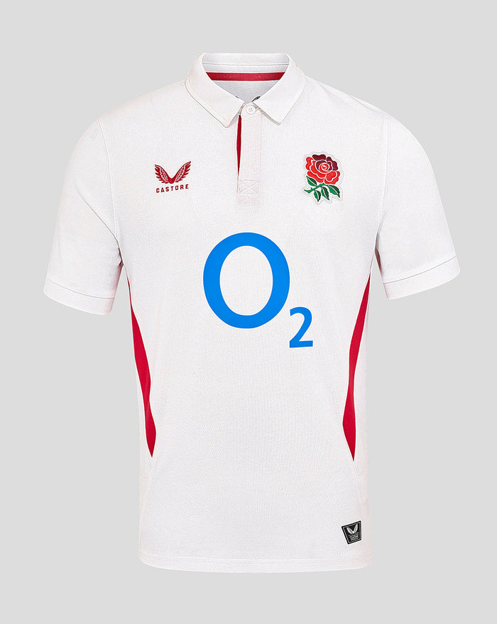 White short sleeve England rugby shirt with red side panels and large O2 sponsor on front, rose crest on chest and Castore logo