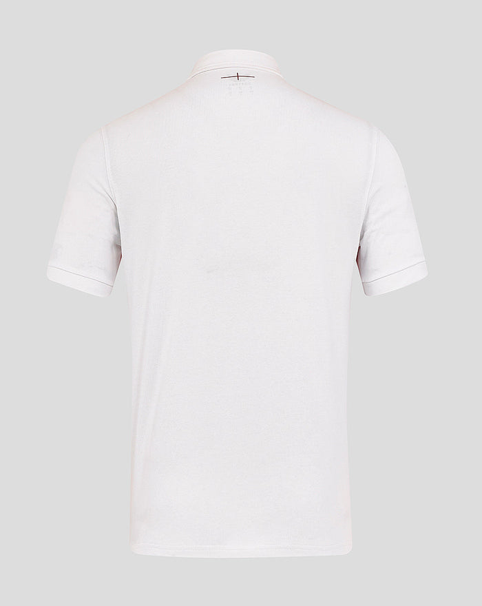 Back view of a white men's England Rugby Home Classic Short Sleeve Shirt with collar and short sleeves