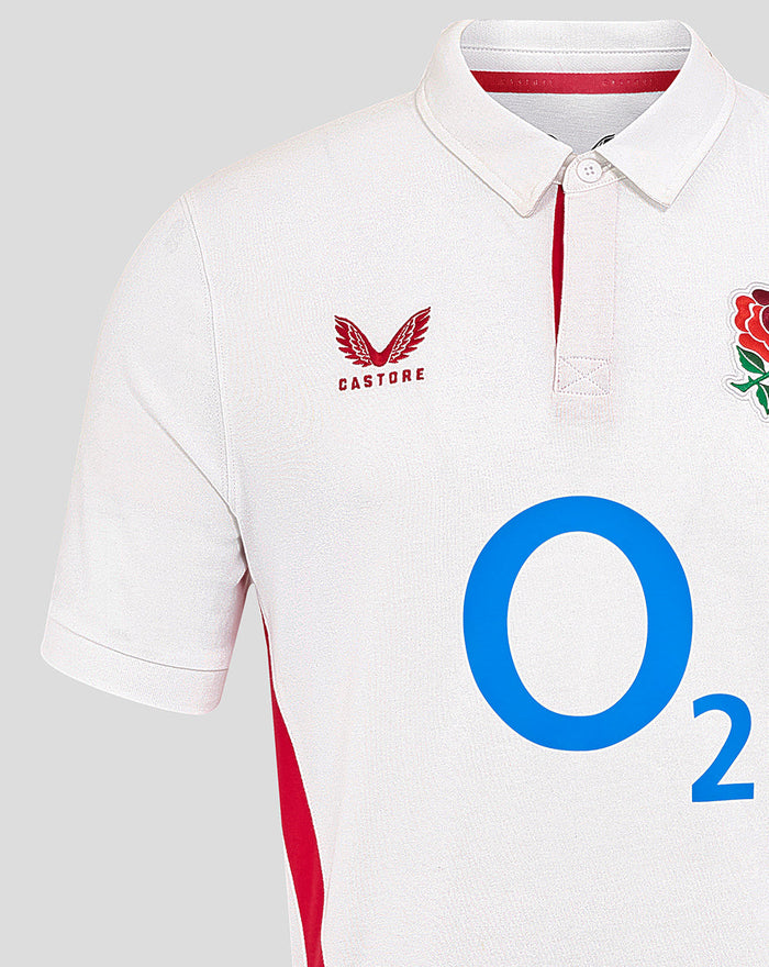 Close-up of the white rugby shirt chest showing the rose crest on the left and a large O2 logo on the front