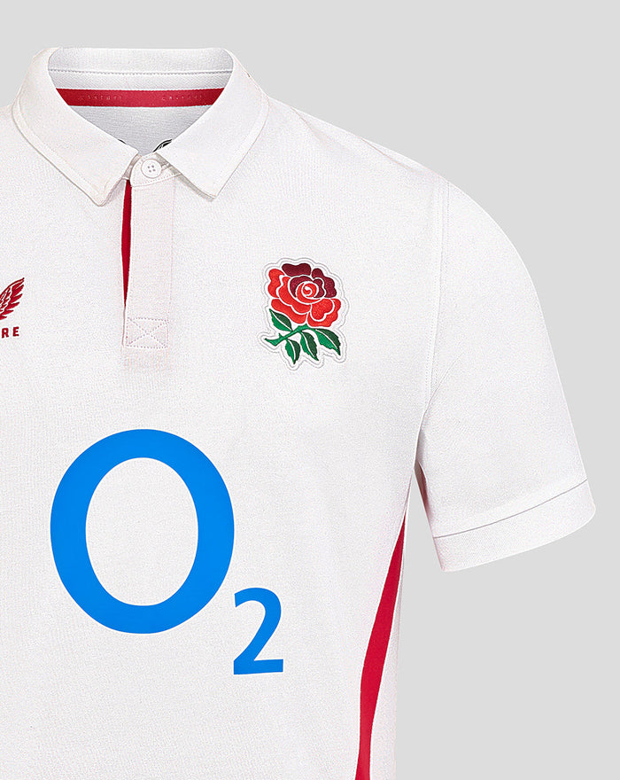Front view of white England Rugby 25/26 Home Classic Short Sleeve Shirt with rose crest left chest O2 center and Castore right chest