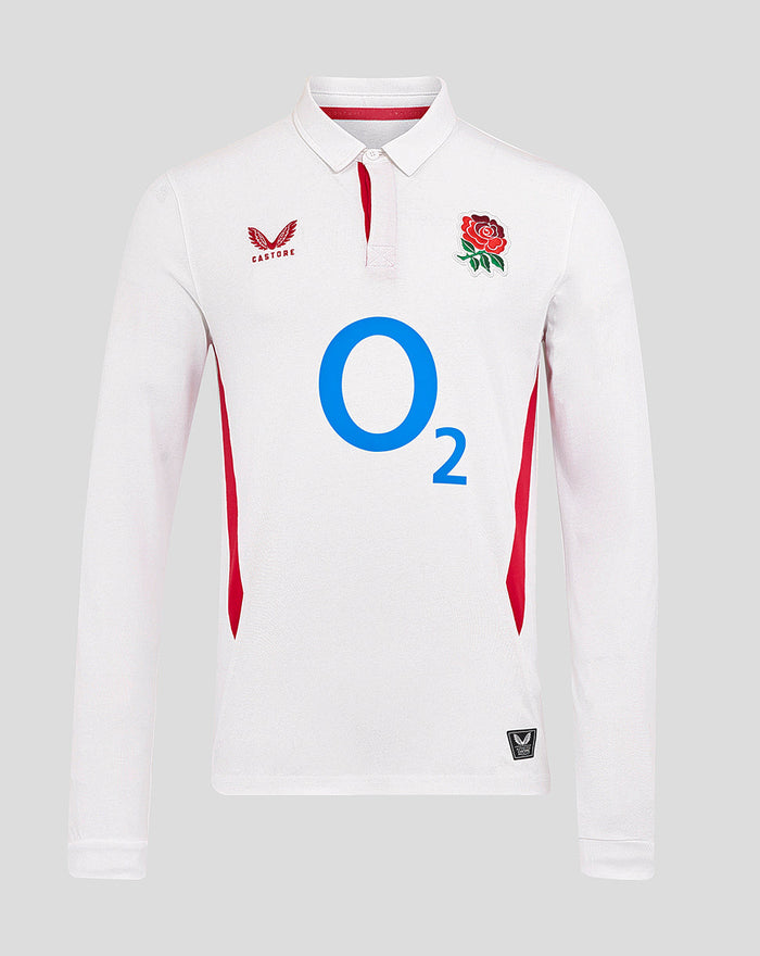Front view of white England rugby home long sleeve shirt with O2 logo center, rose crest, and Castore logo