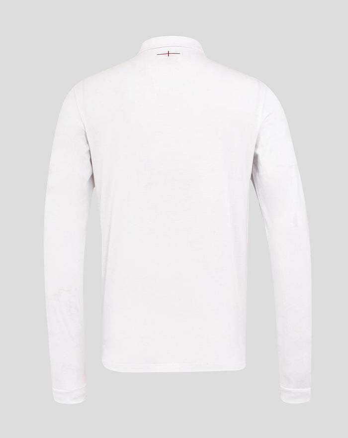 Back view of white England rugby home long sleeve shirt with red neck detail