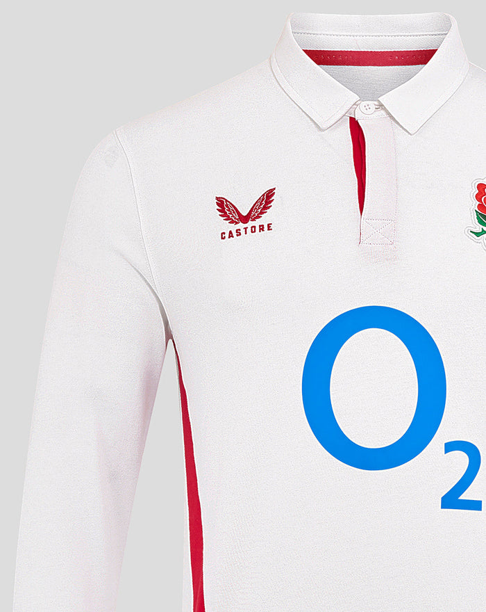 White long sleeve England rugby shirt with red side panels, large blue O2 logo center front, Castore logo on left chest and rose crest on right chest