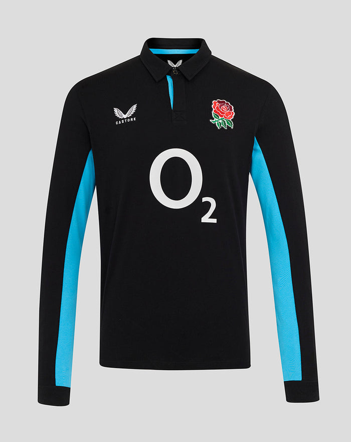 Front view of men's black England Rugby alternate long sleeve shirt with blue side panels, rose crest on chest and O2 logo
