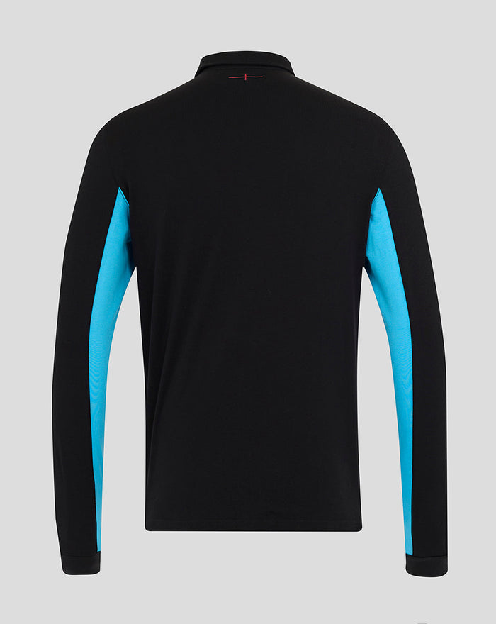 Back view of men's black England Rugby alternate long sleeve shirt with blue side panels and a red neck stitch detail