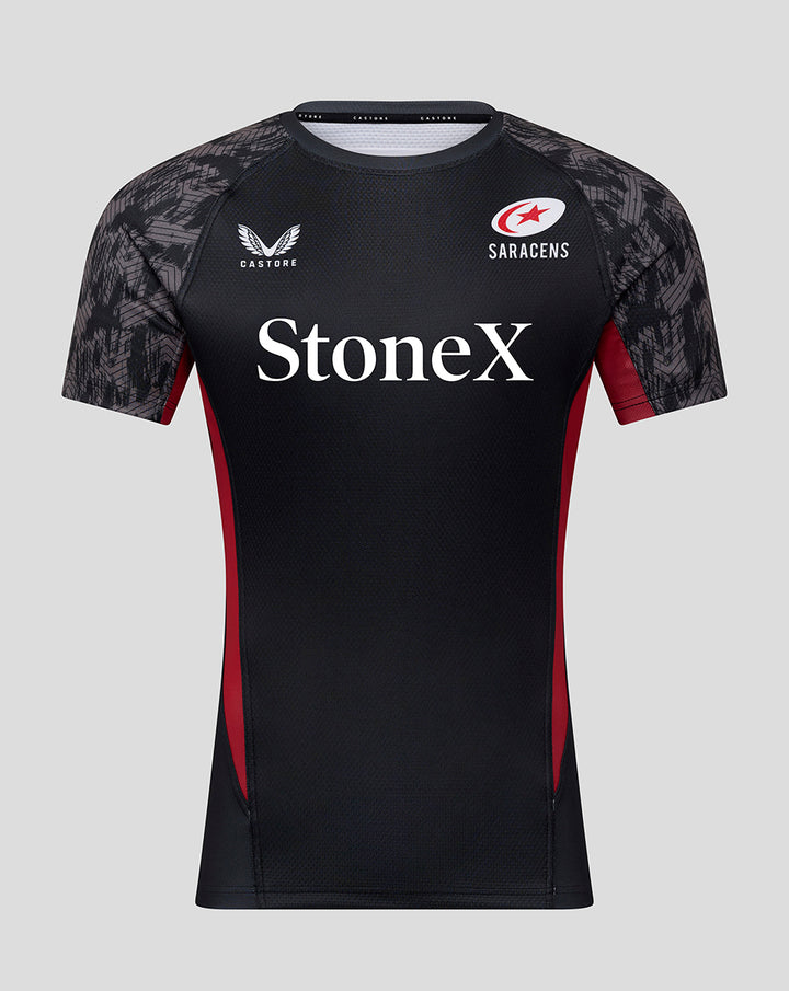 Front view of black SARACENS contact short sleeve jersey with StoneX sponsor logo and team crest.