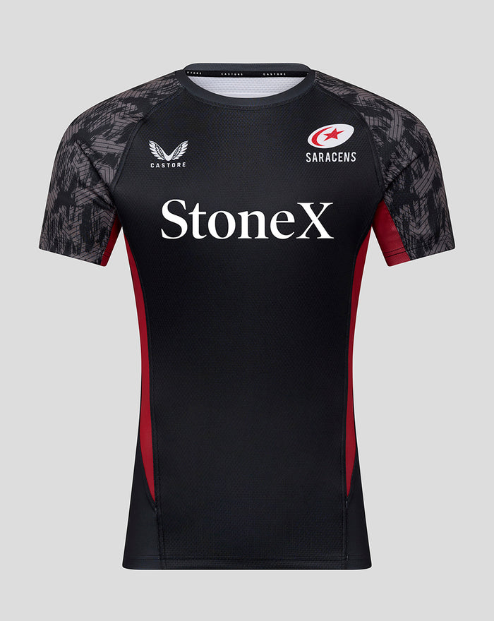 Front view of black SARACENS contact short sleeve jersey with StoneX sponsor logo and team crest.
