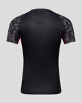 Back view of black Saracens contact short sleeve jersey with textured fabric, patterned sleeves and red side panels