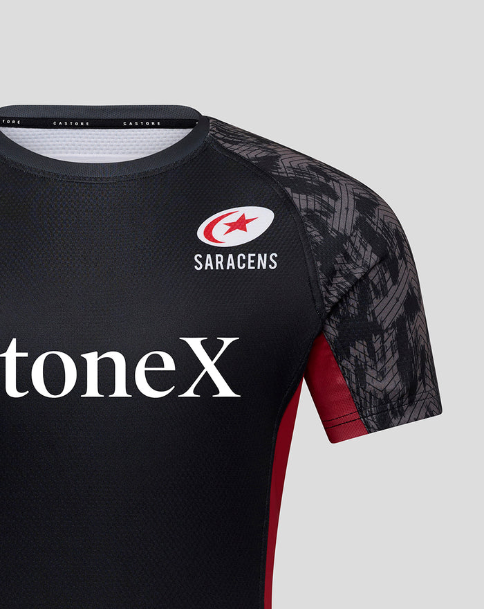 Saracens contact short sleeve jersey front with large StoneX text across the chest and circular Saracens crest on the left