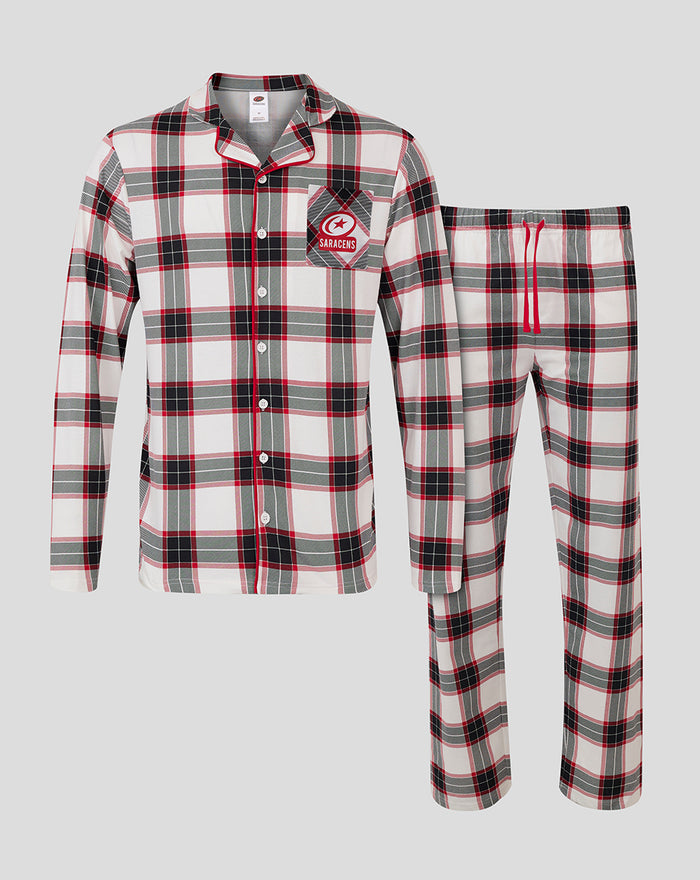 Men's long pajama set in red gray and white plaid, front view with button-down shirt and left chest patch logo, matching drawstring pants