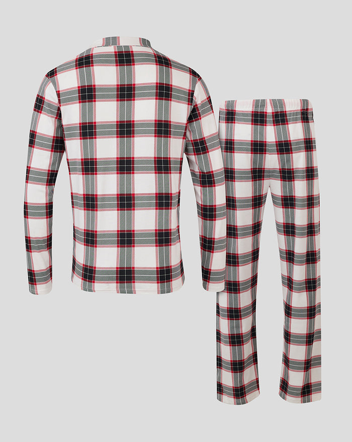 Back view of plaid long pajama set with white gray and red checks and matching pants