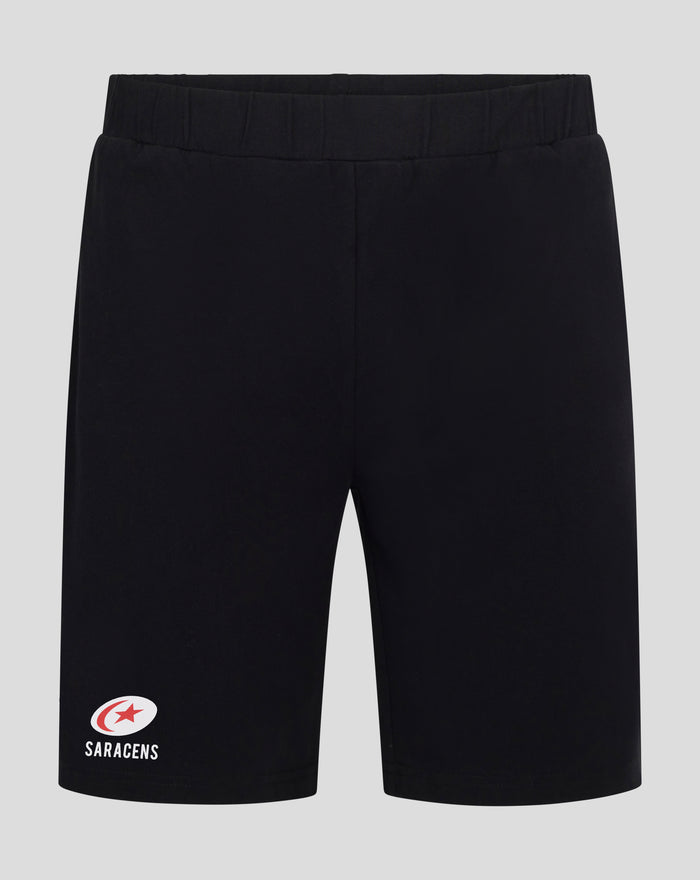 Back view of black pajama shorts with an elastic waistband
