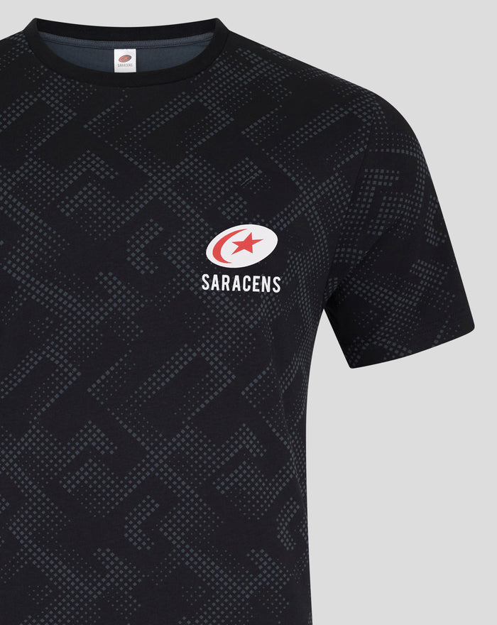 Front view of black pajama shorts with circular Saracens logo near the hem