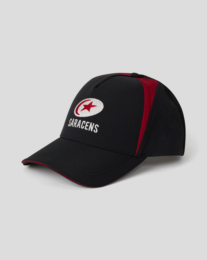 Saracens club cap in black with red panels and an embroidered crest featuring a red star