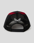 Rear view of a black cap with red panels and mesh back, featuring Castore branding