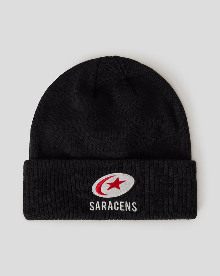 Black Saracens Club beanie with folded cuff and white crest patch