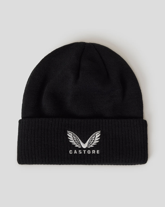 Black Saracens Club beanie crown with knit texture and folded cuff at bottom