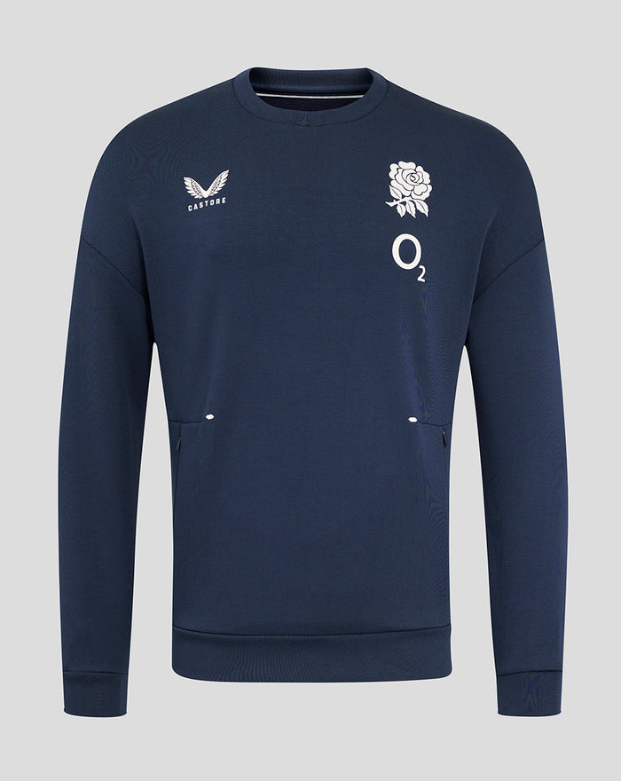 Front view of navy England Rugby Travel Crew Sweatshirt with Castore on the left chest and rose with O2 on the right