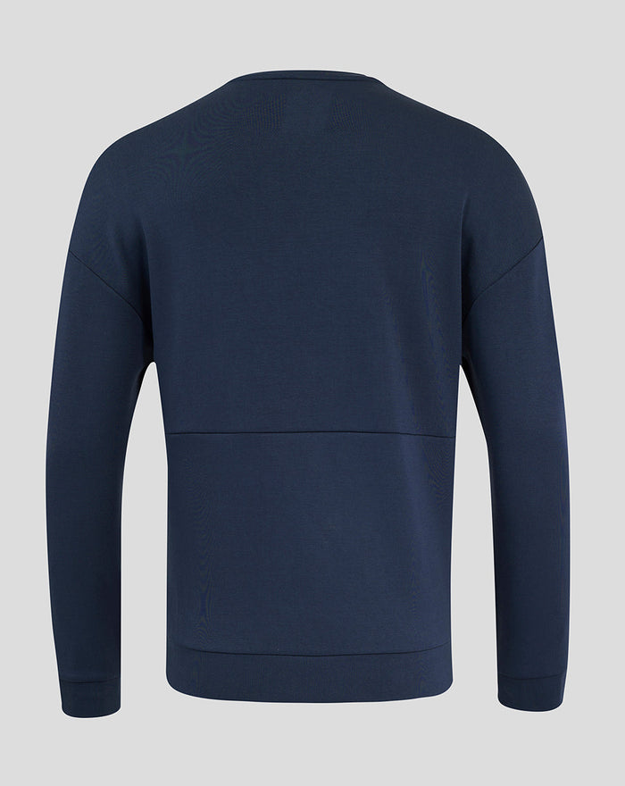 Back view of navy England Rugby Travel Crew Sweatshirt showing plain back with ribbed cuffs and hem