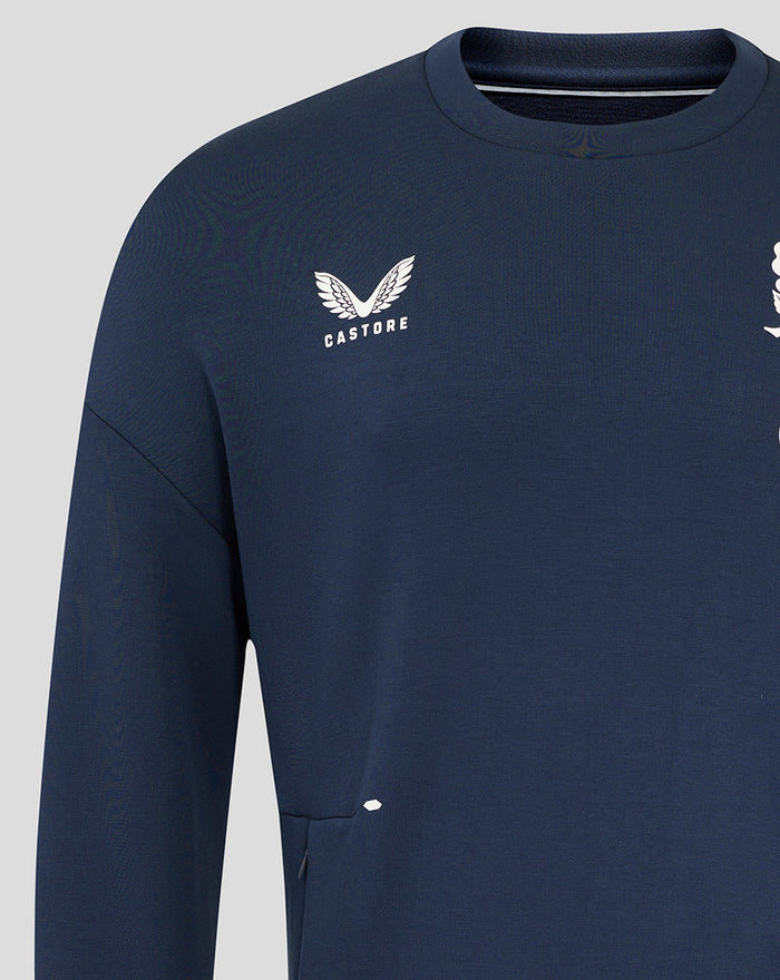 Navy Men's England Rugby Travel Crew Sweatshirt with Castore logo on chest and club and O2 branding