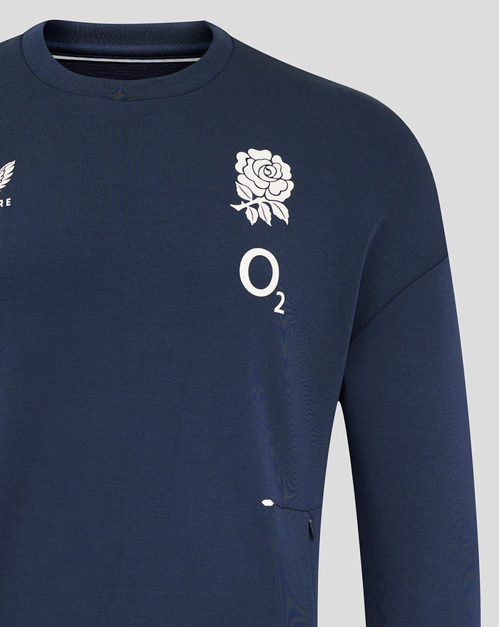 Navy England Rugby Travel Crew Sweatshirt with rose crest and O2 branding on chest