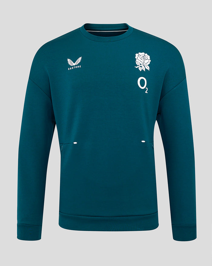 Teal England Rugby Travel Crew Sweatshirt with rose crest and O2 branding on the chest and Castore branding visible.