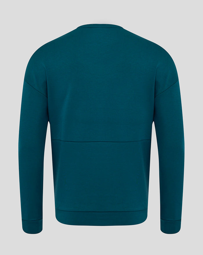 Teal England Rugby Travel Crew Sweatshirt shown from the back with ribbed cuffs and hem
