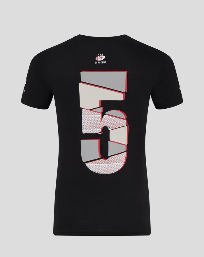 Back view of black adult showdown 25 tee with Saracens logo and stars above