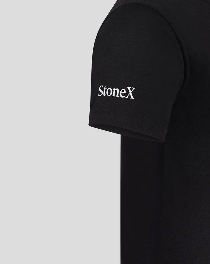Close up of black T shirt sleeve with white logo text on the hem