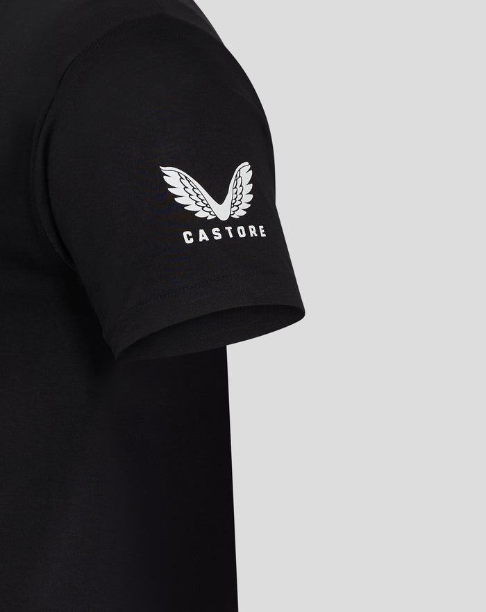 Black T shirt showing a white wing emblem and CASTORE text on the front
