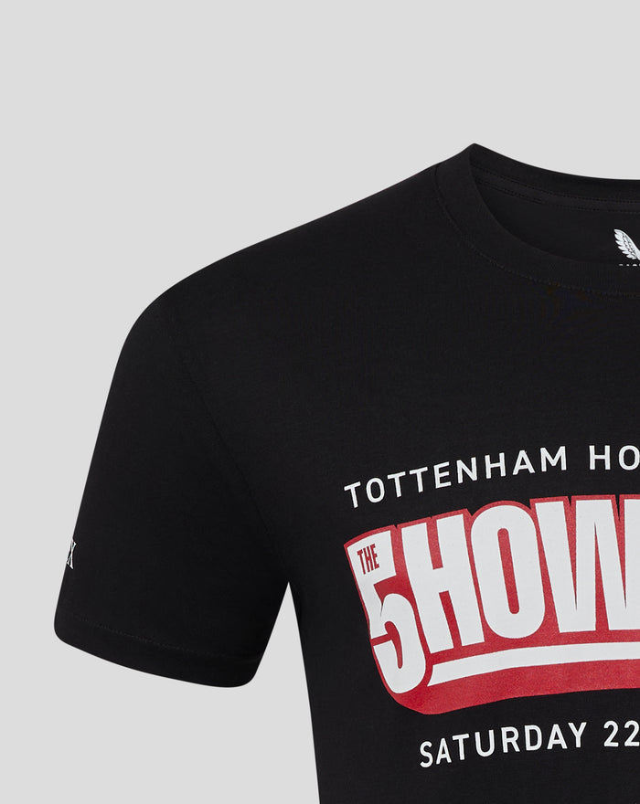 Close up of upper chest and neckline of black showdown 25 tee with partial front graphic