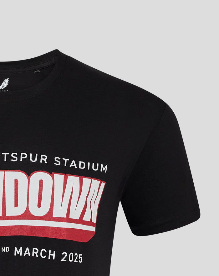 Front of black showdown 25 tee with bold red and white graphic and Tottenham Hotspur Stadium text