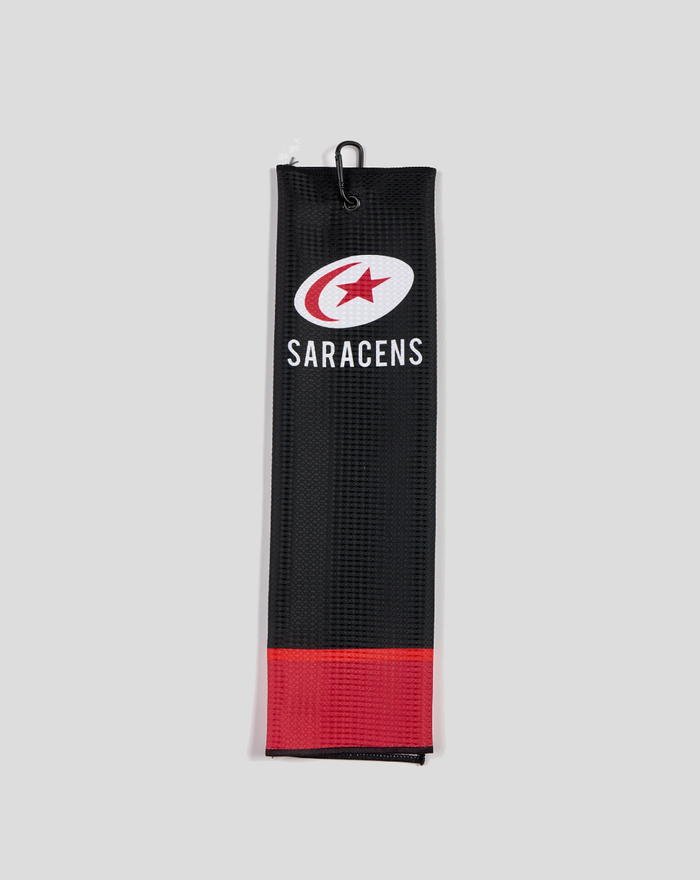 Saracens Lumi 2.0 tri fold towel in black with a red bottom band and Saracens crest logo